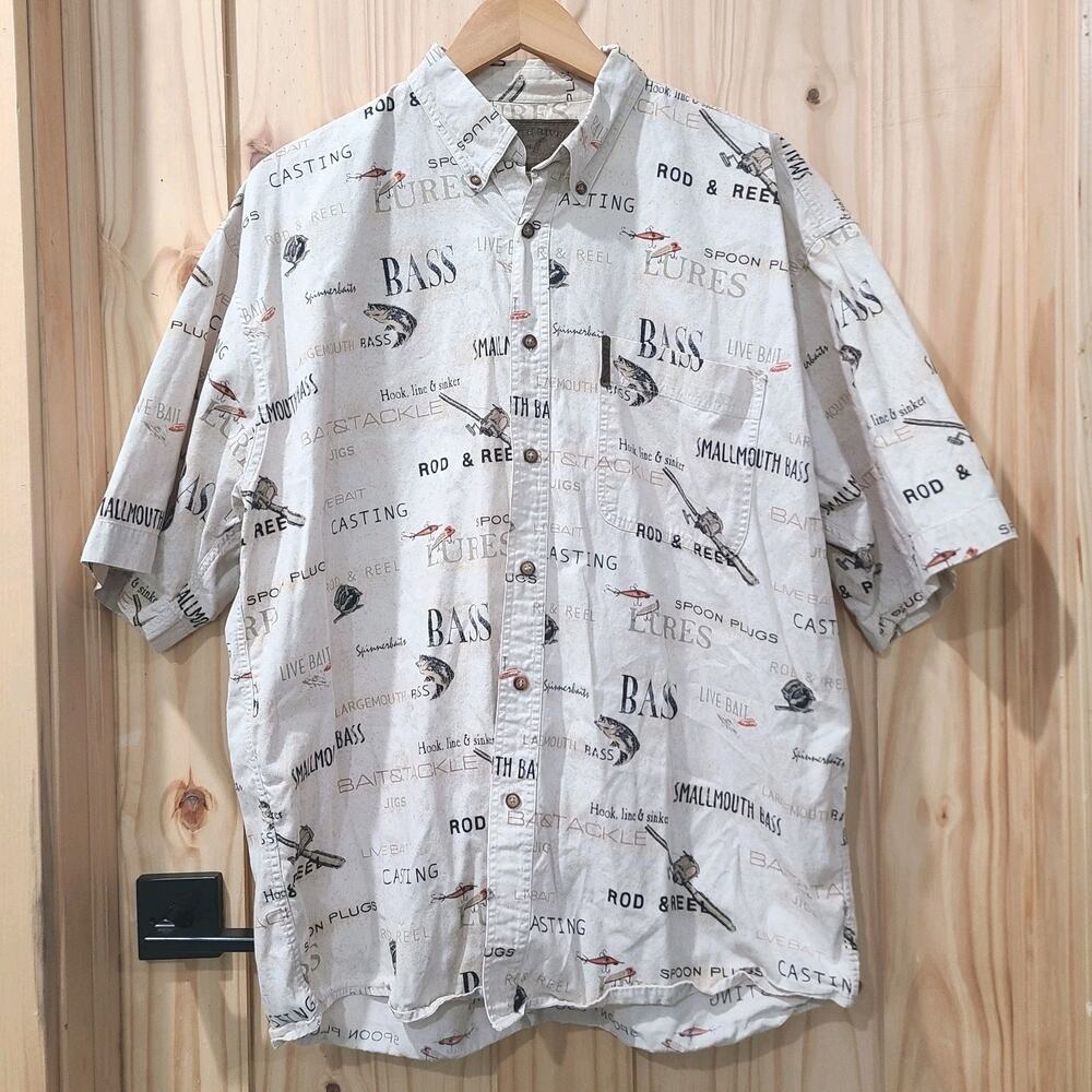 North River Short Sleeve Button Down Fishing Shirt Mens L Bass Lures Outdoors